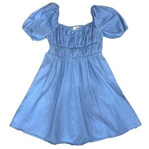 GAP Chambray Denim Puff Sleeve Ruched Cotton Western Style Mini Dress Size M